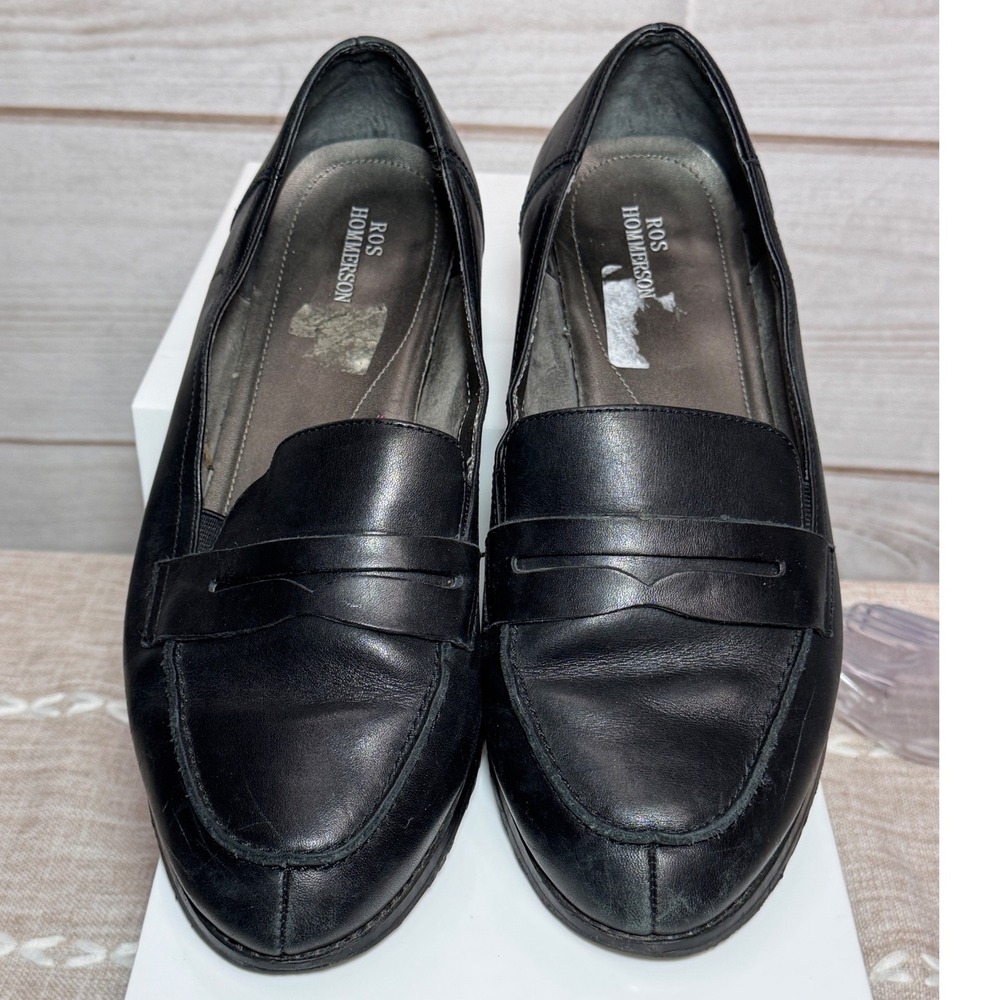 Ros Hommerson Delta Black Leather Penny Loafers Womens 9WW Wide Width Flat Shoes